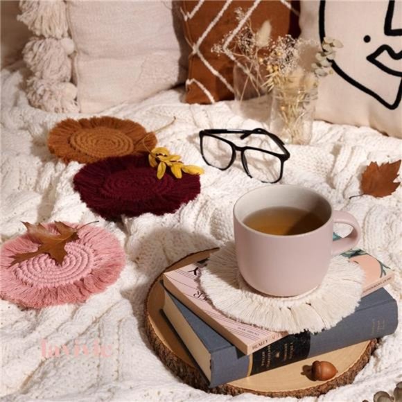 Cute Macrame Coasters Woven Boho Decor Handmade Absorbent Aesthetic, for Desk - Picture 5 of 6